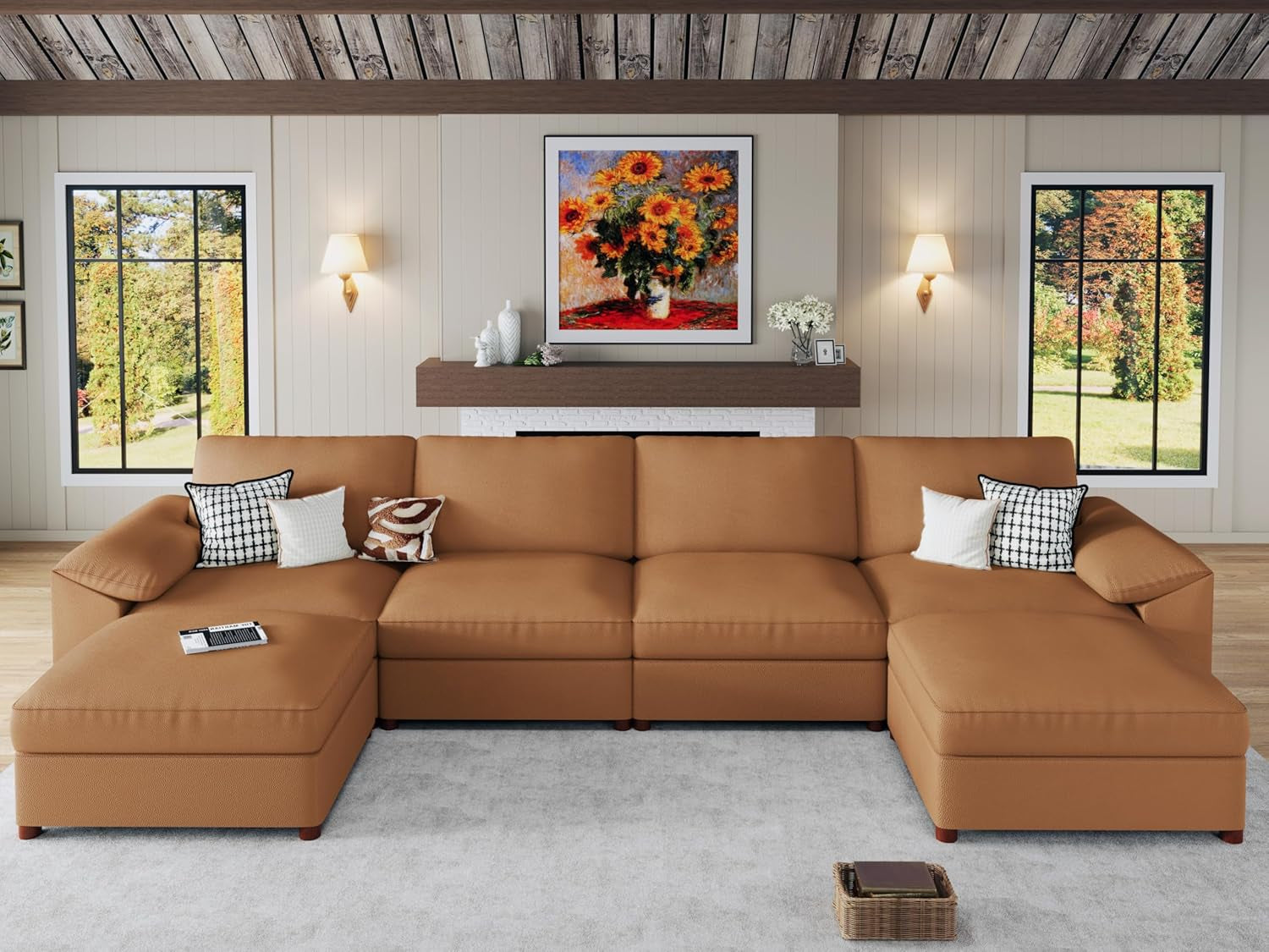 Brown Faux Leather Sectional Sofa,Leather Sectional Couch with Deep Seat,Extra Large U Shaped Couch,Oversized Modular Modern Scratch Resistant Sofas
