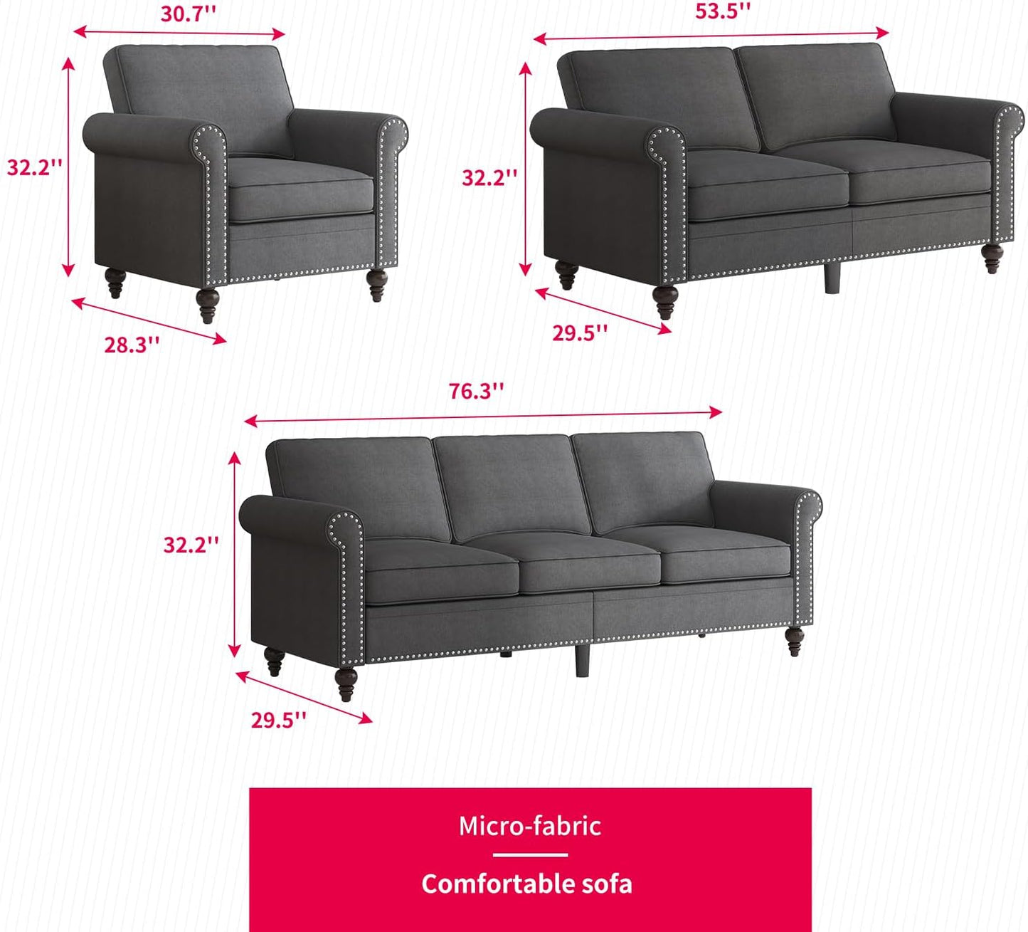 3PCS Sofa Set for Living Room,Modern Linen Couch Set with Nailhead Trim Design, Living Room Furniture Set for Office,Apartment, Home(Sofa & Loveseat & Chair/Dark Grey)