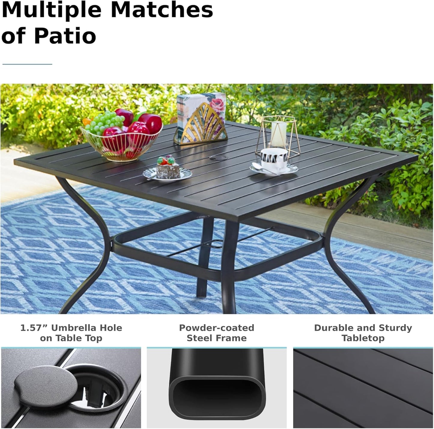 Outdoor Dining Set for 4, Patio Table and Chairs Set with Umbrella Hole, Metal Patio Furniture Set for Deck/Backyard/Poolside/Garden