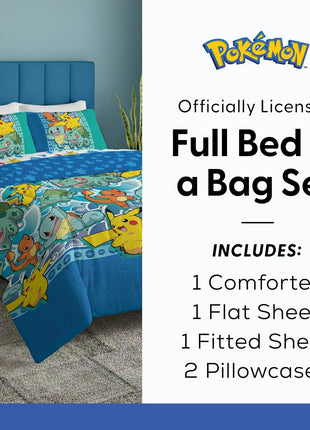 Pokémon First Starters Full Size Bed in a Bag Set featuring Pikachu, Charmander, Squirtle, and Bulbasaur for Kids Bedding Comforter and Sheets