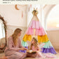 Teepee Tent for Kids, Toddler Teepee with Star Lights & Rainbow Tulle, Girls Princess Play Tent, Foldable Kids Teepee Tent for inside Playhouse Kid Toy Gift