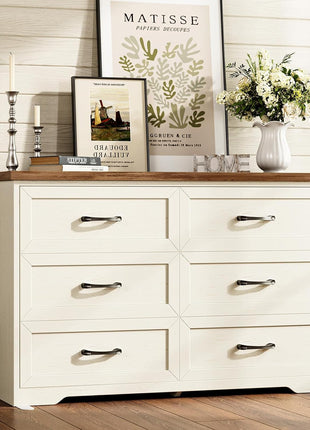 3-Piece Bedroom Set: 47" Wide 6-Drawer Dresser and 2 Farmhouse Nightstands with Charging Station and RGB LED Lights - Engineered Wood, Anti-Tip Design, Rustic White and Dark Walnut Finish