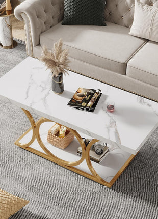 46.45” Contemporary Rectangle Coffee Table with Faux Marble Surface and Geometric Legs, Two-Tier Design Featuring Storage Shelf (White & Gold)