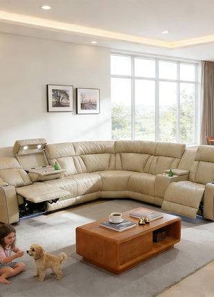 Luxury Leather Power Reclining Sectional Sofa Set with LED Lighting, USB Ports, and Storage Solutions for Modern Living Rooms and Home Theaters