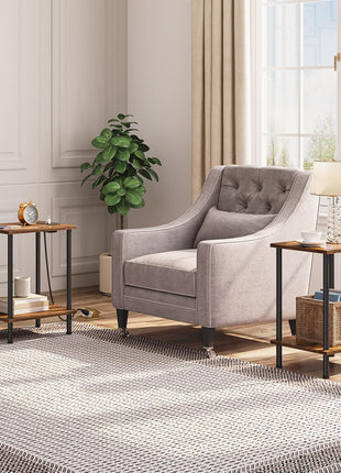 Set of 2 Rustic Brown Side Tables with Integrated Charging Station, USB Ports, and Outlets, Featuring Dual Storage Shelves for Compact Spaces