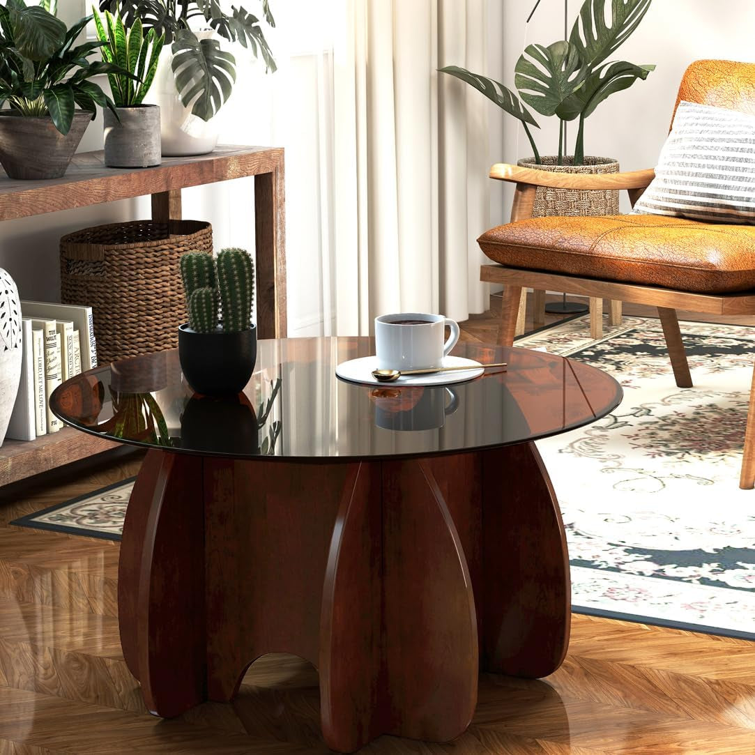 Round Glass Coffee Table Brown Glass Modern Center Tables for Living Room Small Spaces Creative Unique Accent Table Extendable Home Furniture