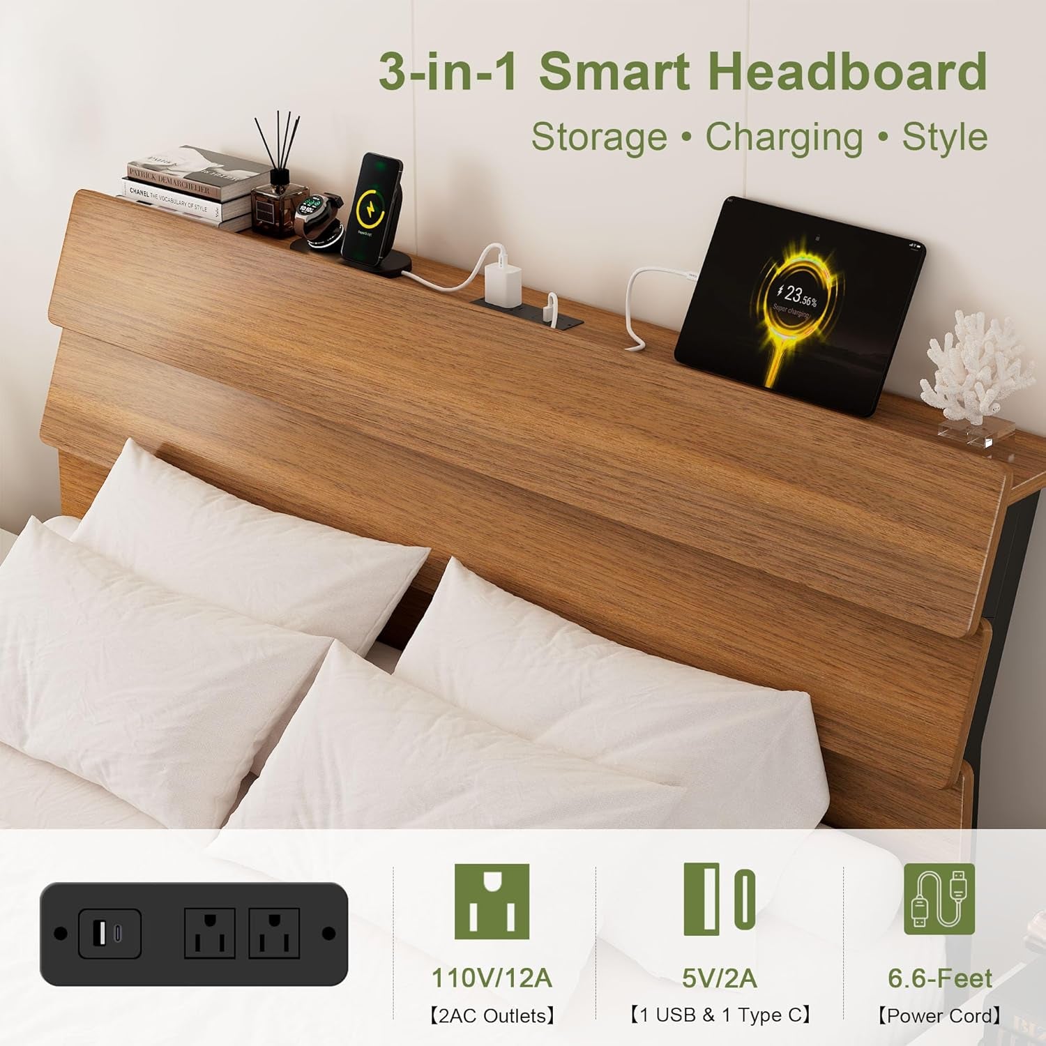 Floating Bed Frame Queen with Led Lights and Charging Station, Wood Full Size Bed Frame with Storage Headboard, Heavy Duty Metal Slats, No Box Spring Needed, Easy Assembly,Walnut