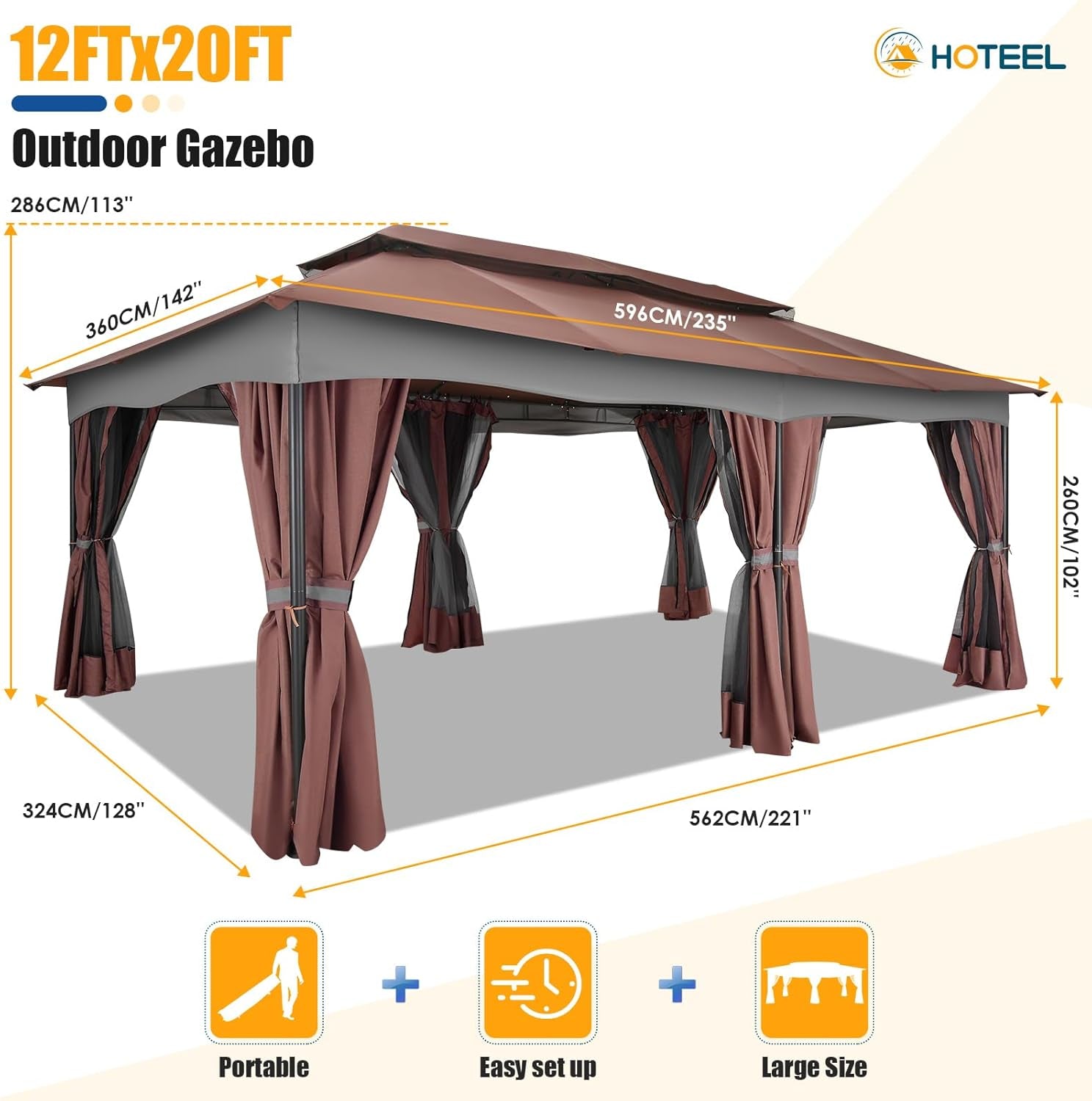 Gazebo 12X20, Outdoor Gazebo on Clearance with Double Ventilated Arc Roof, Privacy Curtains & Mosquito Netting, Easy Set up Canopy Tent with Stable Metal Frame for Patio, Brown