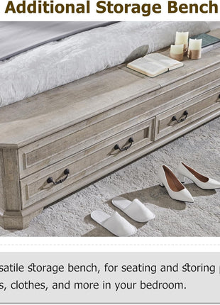 Rustic Wood Farmhouse King Bed with Headboard and Storage Bench, 80" Storage Chest with 4 Large Drawers in Light Rustic Oak
