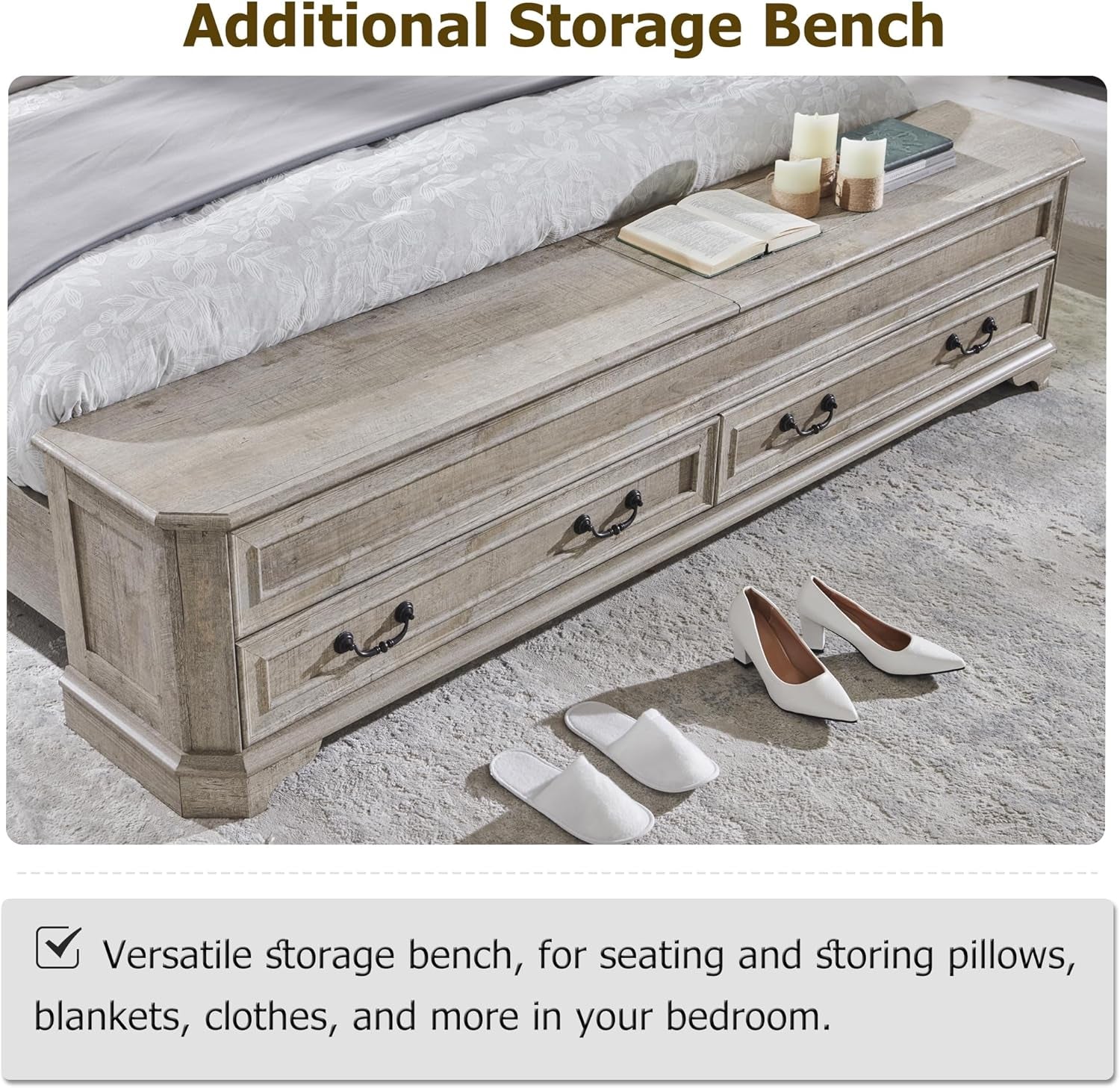 Farmhouse King Bed with Headboard and Storage Bench, Rustic Wood Platform Bed with 80" Storage Chest W/ 4 Large Drawer, Light Rustic Oak