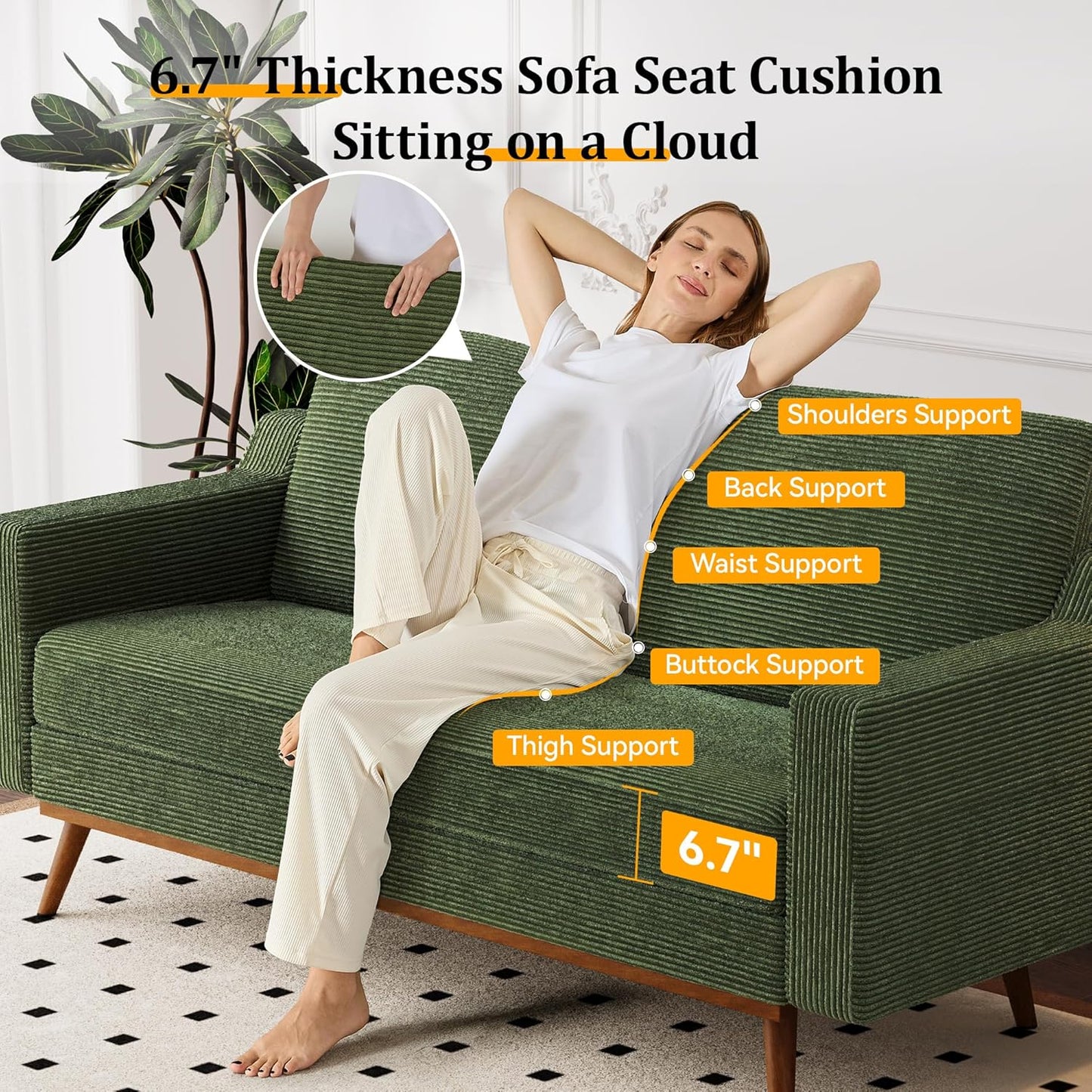 65.4" Loveseat Sofa Green Corduroy Couch, Mid-Century Modern Small Couches for Living Room, Bedroom, Office, Comfy Sofa with Spring Cushion, Solid Wood Frame, Tool-Free Assembly