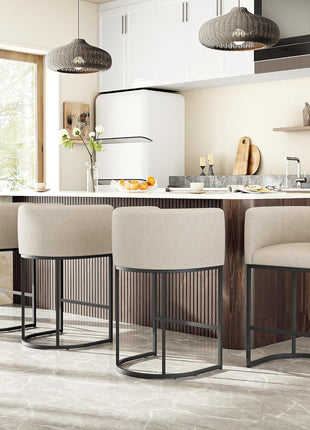 Set of 4 Contemporary 26" Counter Height Bar Stools with Backrest and Armrests, Upholstered in Linen Fabric for Kitchen Island, Supports Up to 450 lbs (Beige)
