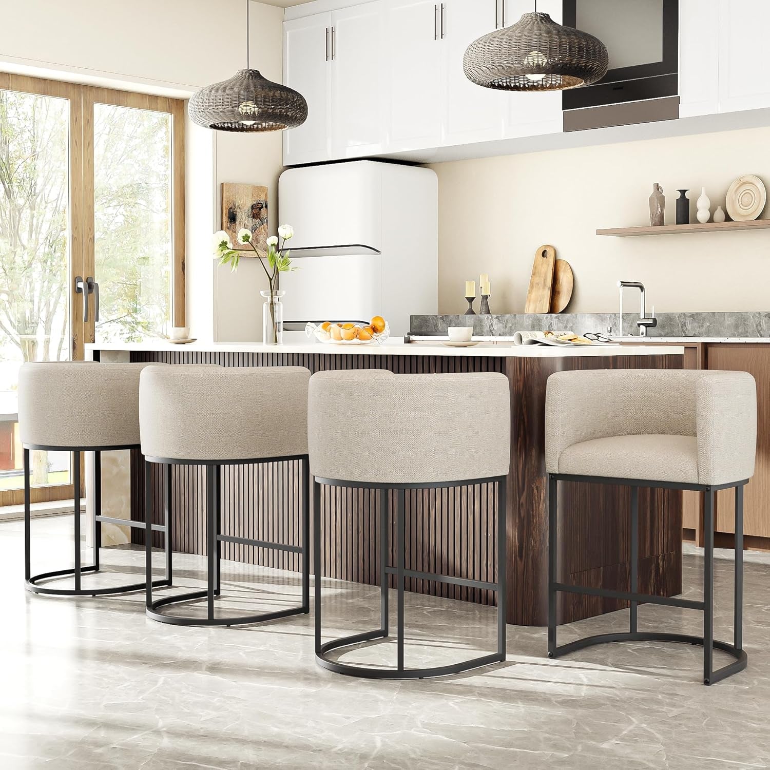 26" H Counter Height Bar Stools Set of 2, Modern Barrel Counter Stools with Backrest and Arms, Linen Fabric Upholstered Accent Barstools for Kitchen Island,Support 450 LBS (Beige)