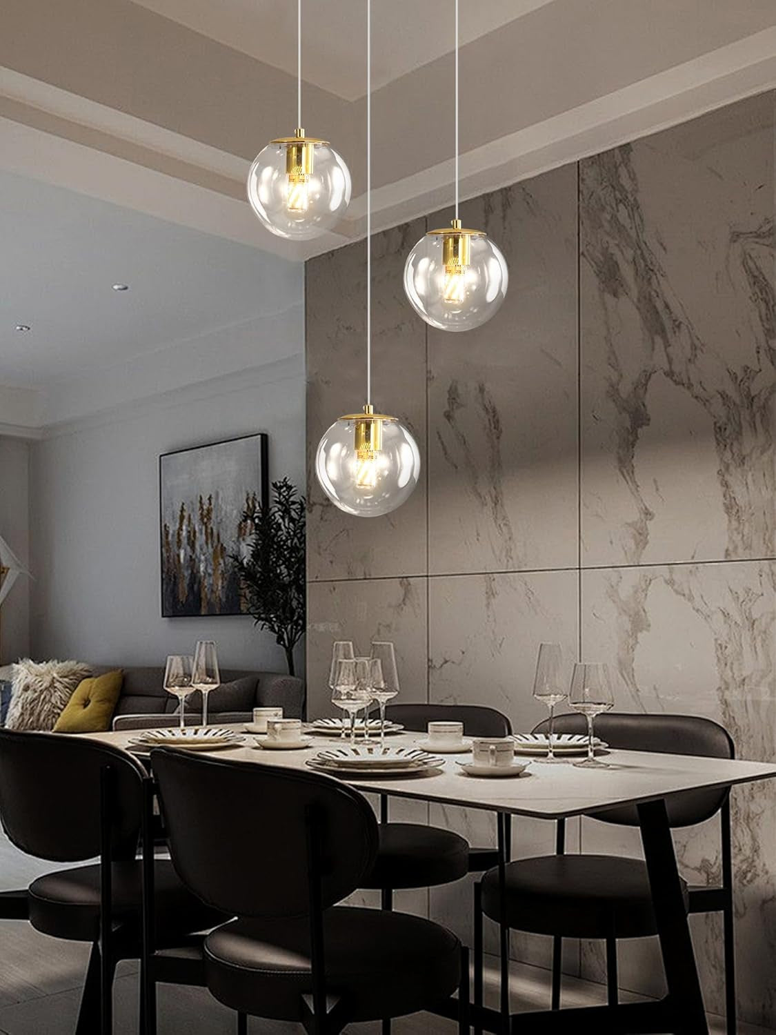 3-Light Modern Gold Pendant Light Hanging Fixture Light for Kitchen Island Mid Century Globe Pendant Light Glass Chandelier for Living Room Bedroom Entryway