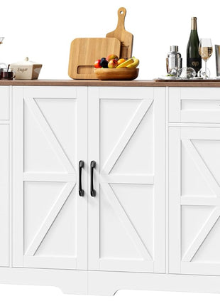 71” Large Farmhouse Sideboard Buffet Cabinet with Adjustable Shelves and 6 Barn Doors, Wood Console Table for Kitchen and Dining Room, White Finish