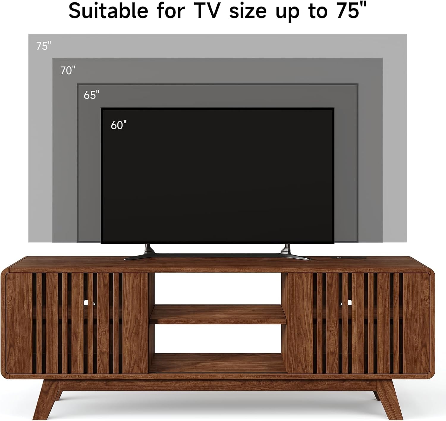 63-Inch TV Stand for Tvs up to 75 Inch, Mid-Century Modern Television Stand with Power Outlet, Entertainment Center with Sliding Grille Door Cabinets and Open Shelves for Living Room, Walnut
