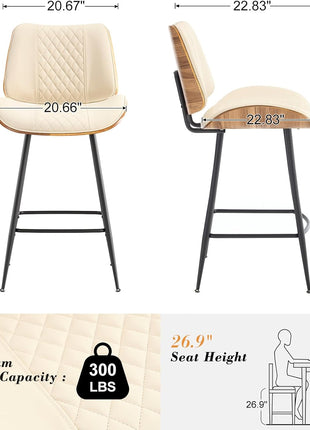 Set of 3 Modern Counter Height Barstools, 26.9" Armless Design with Metal Legs, Walnut Finish, PU Leather Bentwood Chairs for Home Counter, Kitchen Island, and Cafe (Beige)