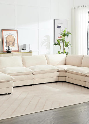 150'' Modular Sectional Cloud Couch, 7 Seater Corner Sofa Big Comfy Corduroy V Shaped Couch with 4 Throw Pillows, Convertible Chaise, Ottoman, Couches for Living Room Office Beige