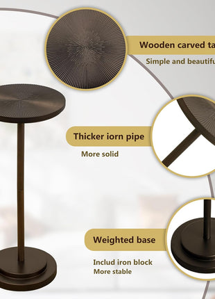Carved Top Martini Table - Compact Pedestal Side Table with Weighted Base for Living Room, Bedroom, and Bathroom - Brown Finish