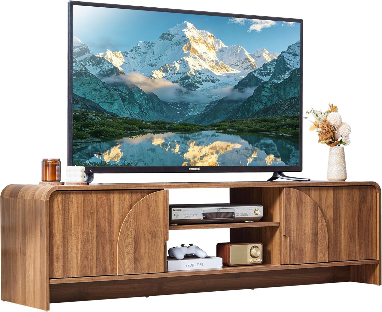 63'' TV Stand for up to 75" Tvs,Mcm TV Console Table with Big Arched Handle,Television Stands Entertainment Media Center with Sliding Door for Living Room Bedroom (Walnut)