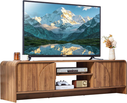 63'' TV Stand for up to 75" Tvs,Mcm TV Console Table with Big Arched Handle,Television Stands Entertainment Media Center with Sliding Door for Living Room Bedroom (Walnut)