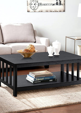 Mission Style Black Wood Coffee Table with Shelf, 40-Inch Living Room Accent Table