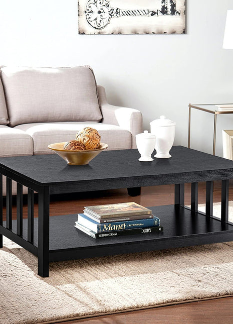 Mission Style Black Wood Coffee Table with Shelf, 40-Inch Living Room Accent Table