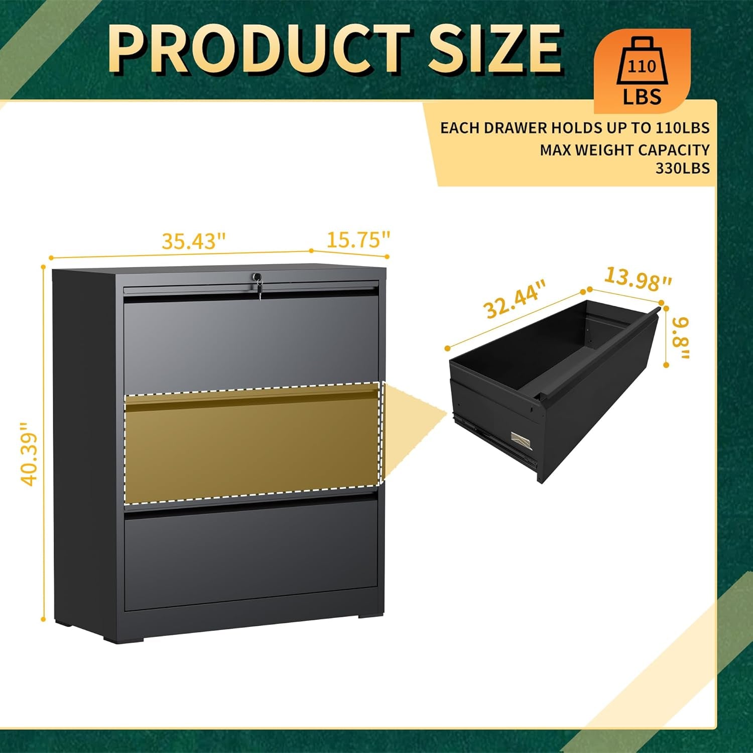 3 Drawer Lateral File Cabinet with Lock, Metal File Cabinets for Home Office, Steel Heavy-Duty Filing Storage Cabinet for Letters/Legal/A4 (Require Assembly, Black)