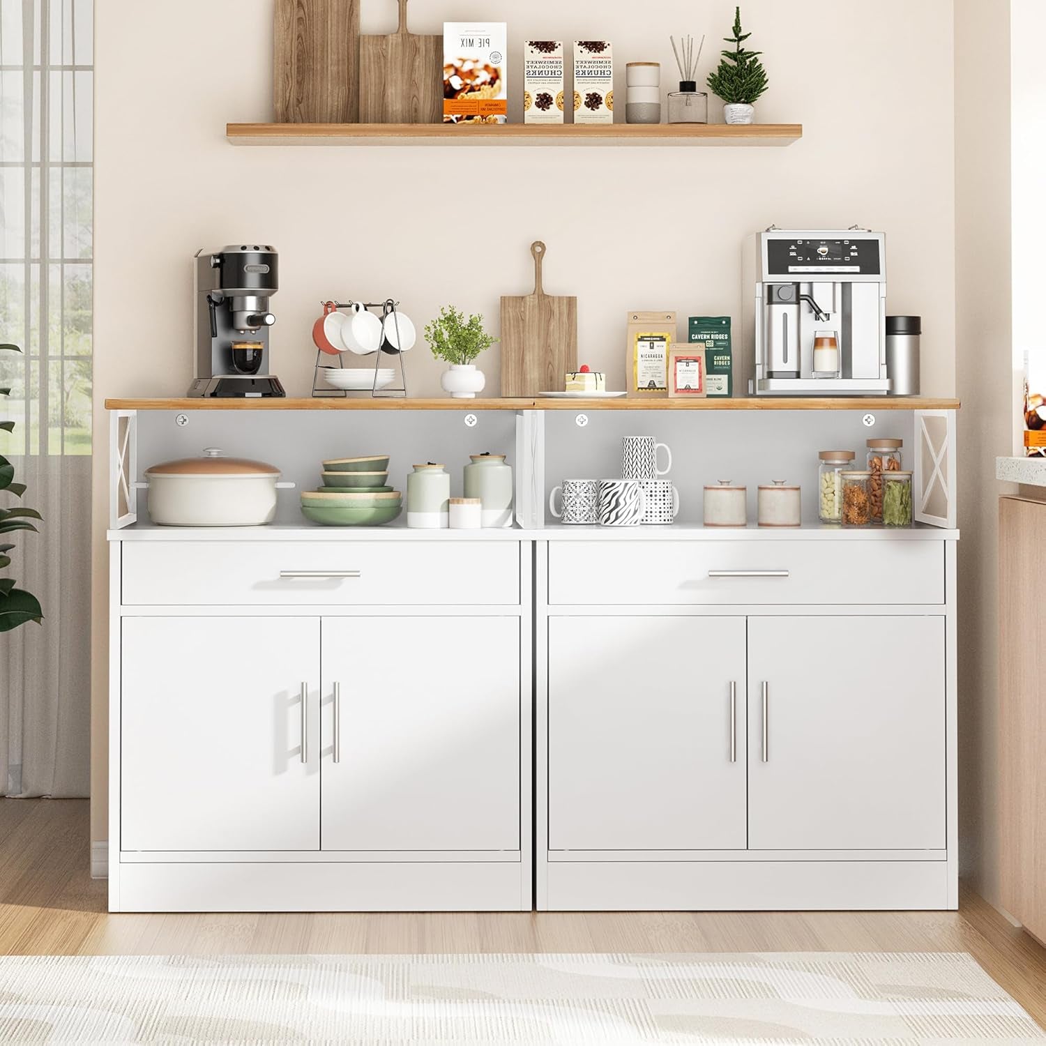 Kitchen Buffet Cabinet with Adjustable Shelf, Modern Kitchen Storage Cabinet,Farmhouse Coffee Bar Cabinet（White）