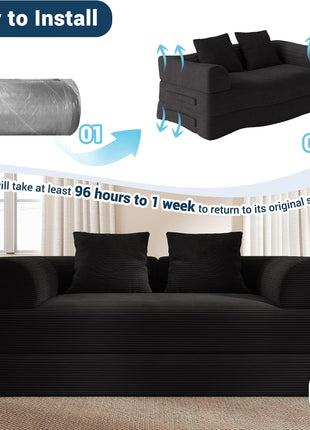 4-in-1 Convertible Sofa Bed - Luxurious 70" Boneless Sleeper Couch in Black Corduroy for Living Room and Bedroom