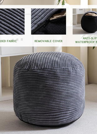 Round Corduroy Pouf Ottoman with Foam Filling - Fluffy Footstool and Storage Solution, 20 x 15 Inches, Dark Grey