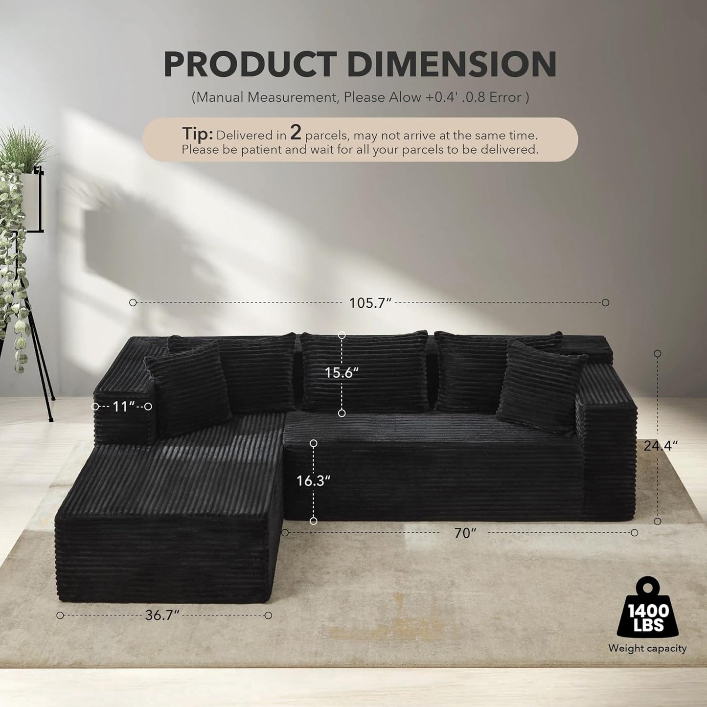 Modular Sectional Sofa Cloud Sectional Couch, 106" Comfy L Shaped Couches for Living Room,Oversized Sofa Sleeper with Deep Seat, No Assembly Required