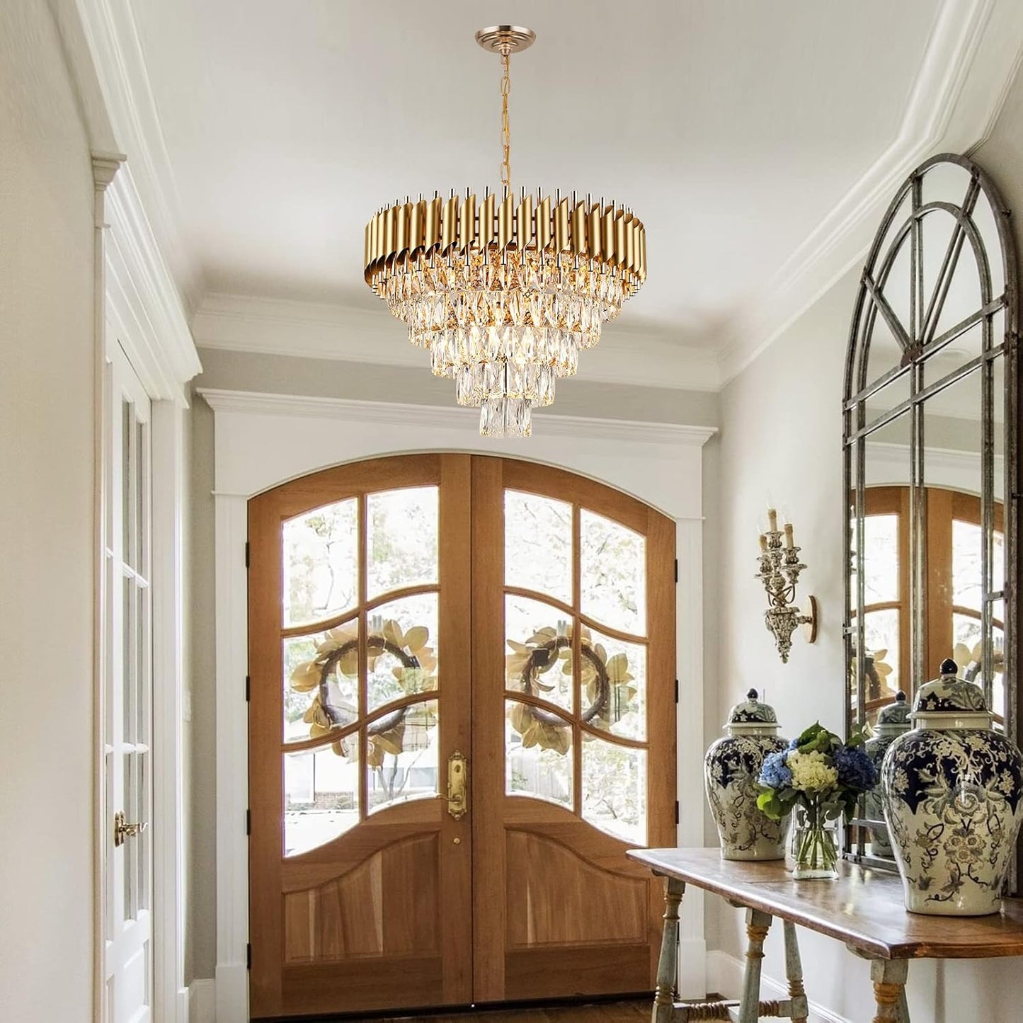 AXILIXI Modern Crystal Chandelier Gold, 24" round Chandeliers for Dining Room K9 5 Tiers Ceiling Pendant Light Fixtures Golden Large Raindrop Flush Mount Chandelier for Foyer Living Room Staircase