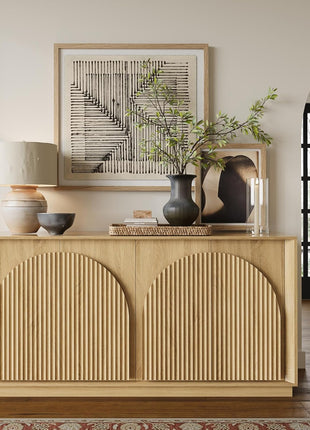 65-Inch Contemporary Fluted Sideboard Buffet Cabinet with Double-Layered Arch Doors, Oak Wood Accent Console for Living Room, Dining Room, Hallway, and Entryway