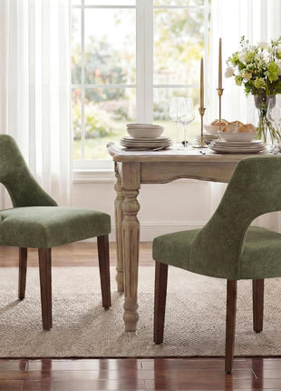 Set of 2 Mid-Century Modern Chenille Upholstered Dining Chairs with Solid Wood Legs in Green for Kitchen and Dining Room