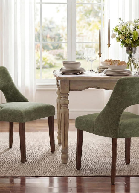 Set of 2 Mid-Century Modern Chenille Upholstered Dining Chairs with Solid Wood Legs in Green for Kitchen and Dining Room