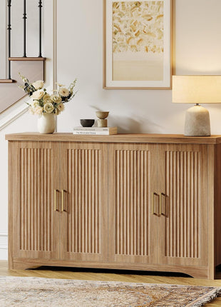 Contemporary Fluted Buffet Cabinet with Storage, 4-Door Accent Sideboard and Adjustable Shelves, Wood Console Table for Dining Room, Kitchen, Living Room, and Entryway in Natural Oak