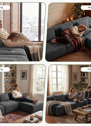108'' Modular Tufted Sectional Sofa with Ottoman, Deep Seat L-Shape Couch, Dark Grey Corduroy with 3 Throw Pillows - Ideal for Living Room