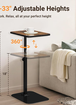 Adjustable C-Shape TV Tray Table with 360° Swivel in Rustic Brown - Versatile Laptop Stand for Couch and Recliner