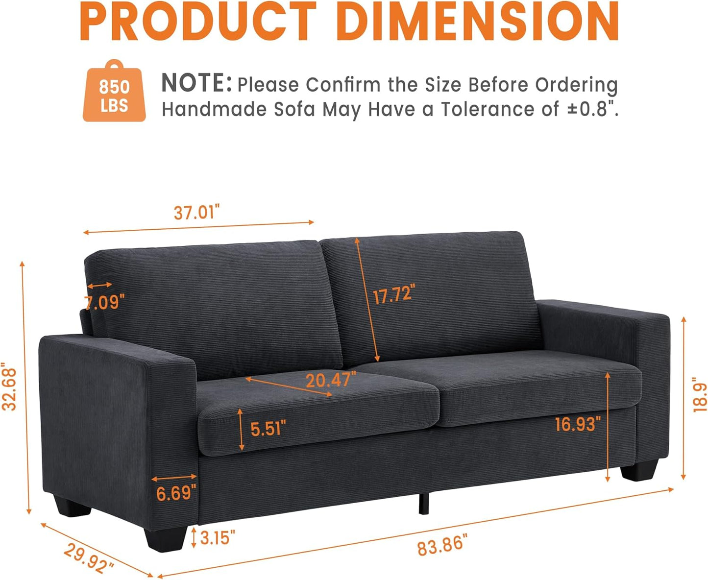 Loveseat Sofa Couch for Living Room, 83 Inch Corduroy 2 Seater Love Seat with Wide Armrest, Removable Washable Cushion Cover for Small Spaces (83Inch, Dark Gray)