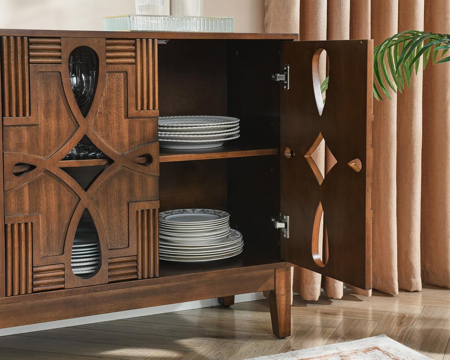 60" Mid Century Modern Sideboard Buffet with Hollow Carved Doors and Outlet Holes,Vintage Accent Cabinet Credenzas Storage Cabinet Walnut
