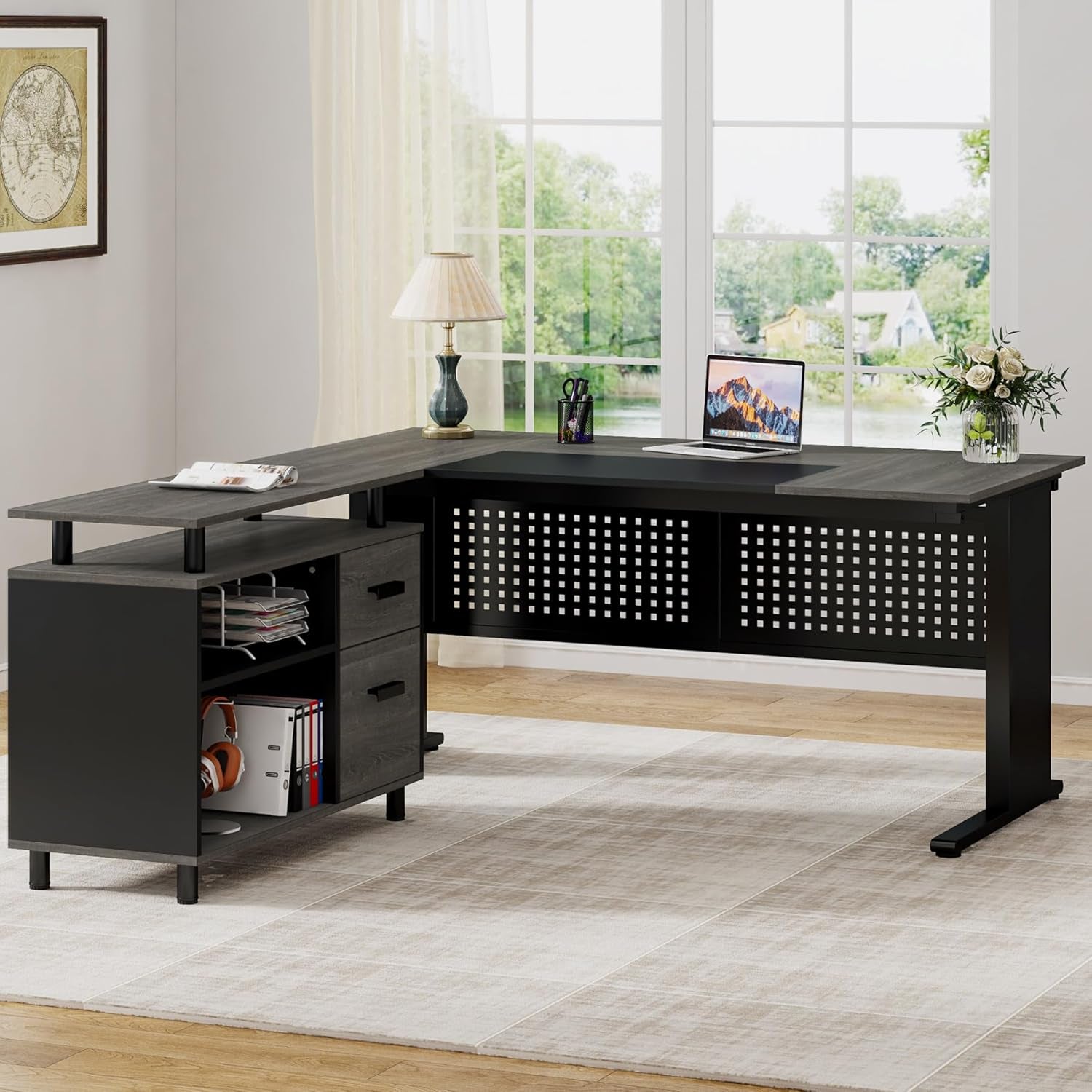 63 Inch Executive Desk with File Cabinet, L Shaped Office Desk with Drawers and Storage Shelves, Business Furniture Set Workstation for Home Office, Gray and Black