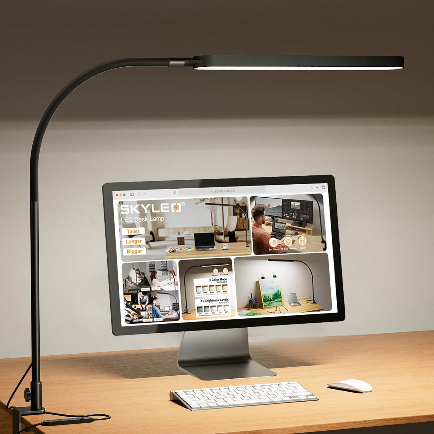 Led Desk Lamp - Desk Light for 33.5" Tall - Flexible Gooseneck - 5 Color Modes X 11 Brightness Levels - 1300LM - Timmer & Memory Function - 12W Clip on Light - Black