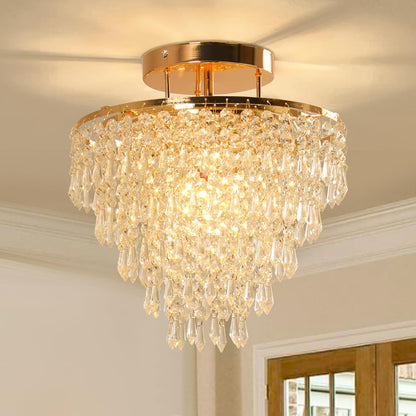 11.8" Crystal Chandelier Gold Flush Mount Ceiling Light 5 Tiers Raindrops Crystals Pendant Lighting Fixture for Bedroom Hallway Living Room E26 Base
