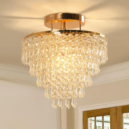 11.8" Crystal Chandelier Gold Flush Mount Ceiling Light 5 Tiers Raindrops Crystals Pendant Lighting Fixture for Bedroom Hallway Living Room E26 Base