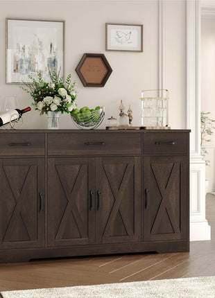 55" Modern Farmhouse Buffet Cabinet with Drawers and Shelves, Dark Brown Wood Sideboard Storage for Kitchen and Dining Room