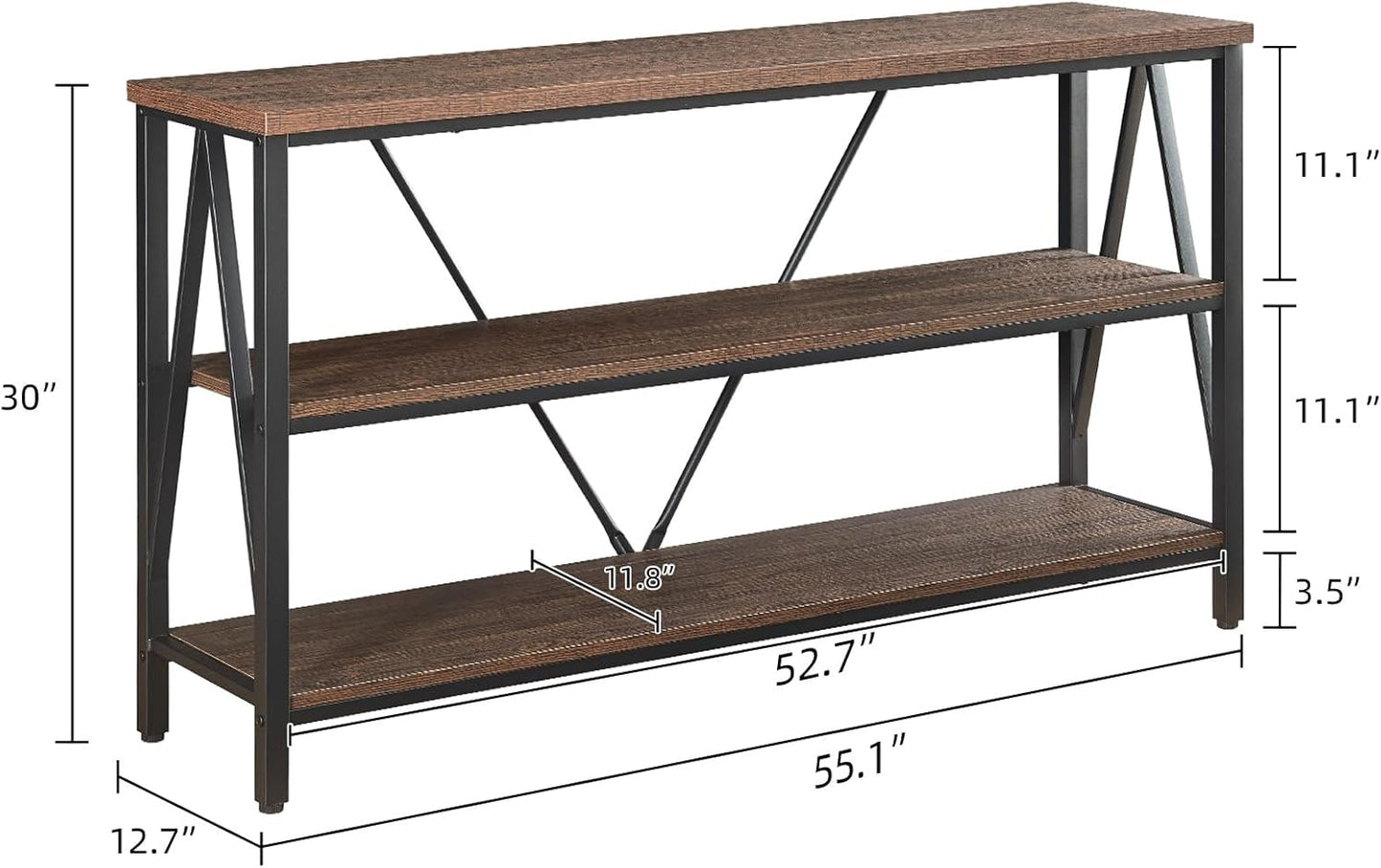 Entryway Console Table, Rustic Couch with Wide Storage, Industrial Sofa Tables with 3-Tier Open Shelves, Entryway Table for Living Room, Hallway, Brown, 55 Inch