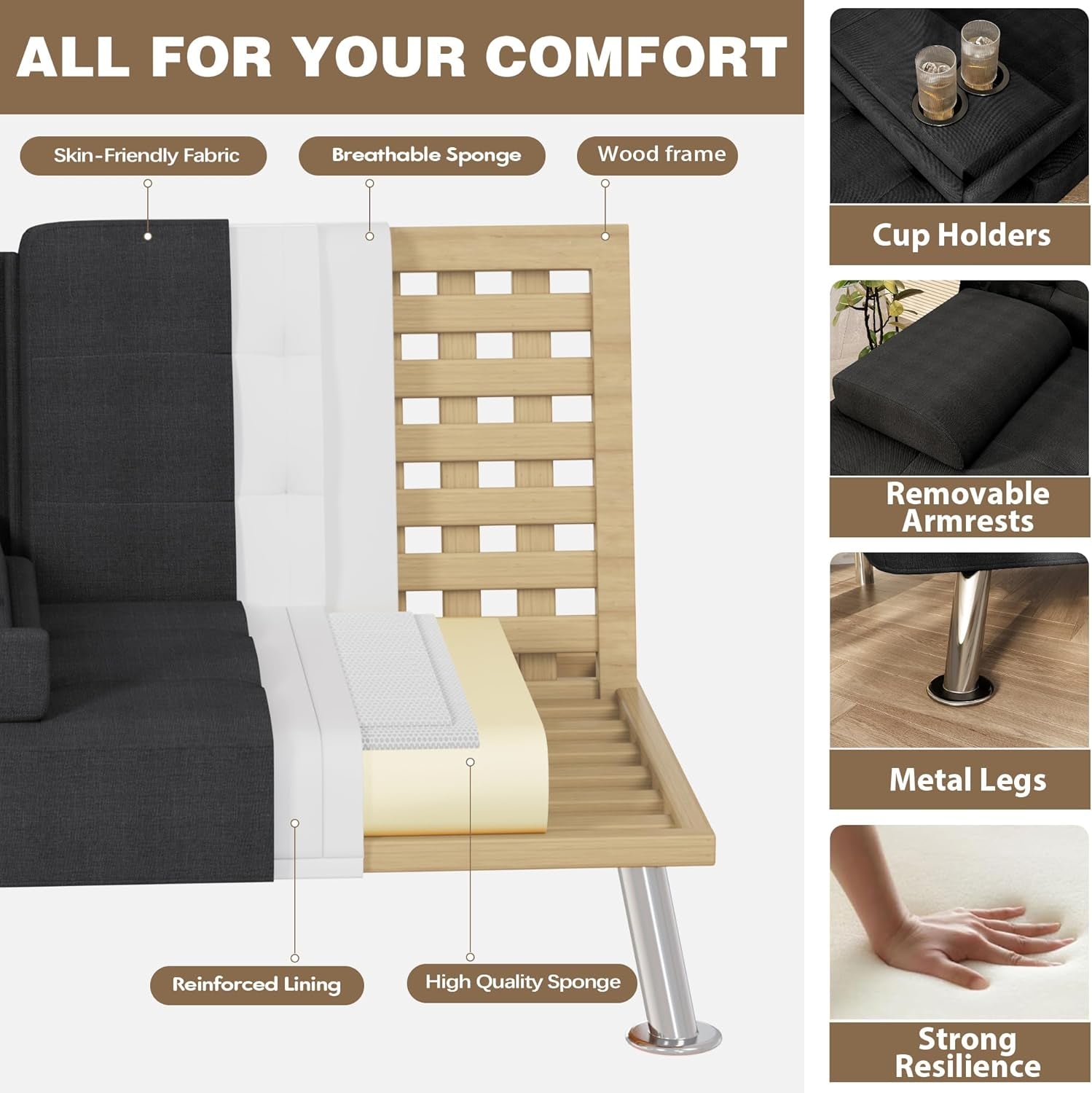 Futon Sofa Bed, Futon Couch with Removable Armrests, Adjustable Recliner Sleeper Sofa Bed with Dual Cup Holders for Living Room, Apartment, Office (Fabric, Black)