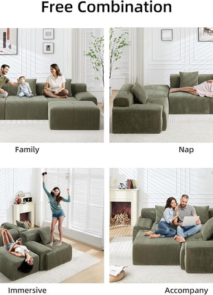Modern 118" L-Shaped Green Sectional Sofa - Oversized Corduroy Couch for Ultimate Living Room Comfort - No Assembly Required