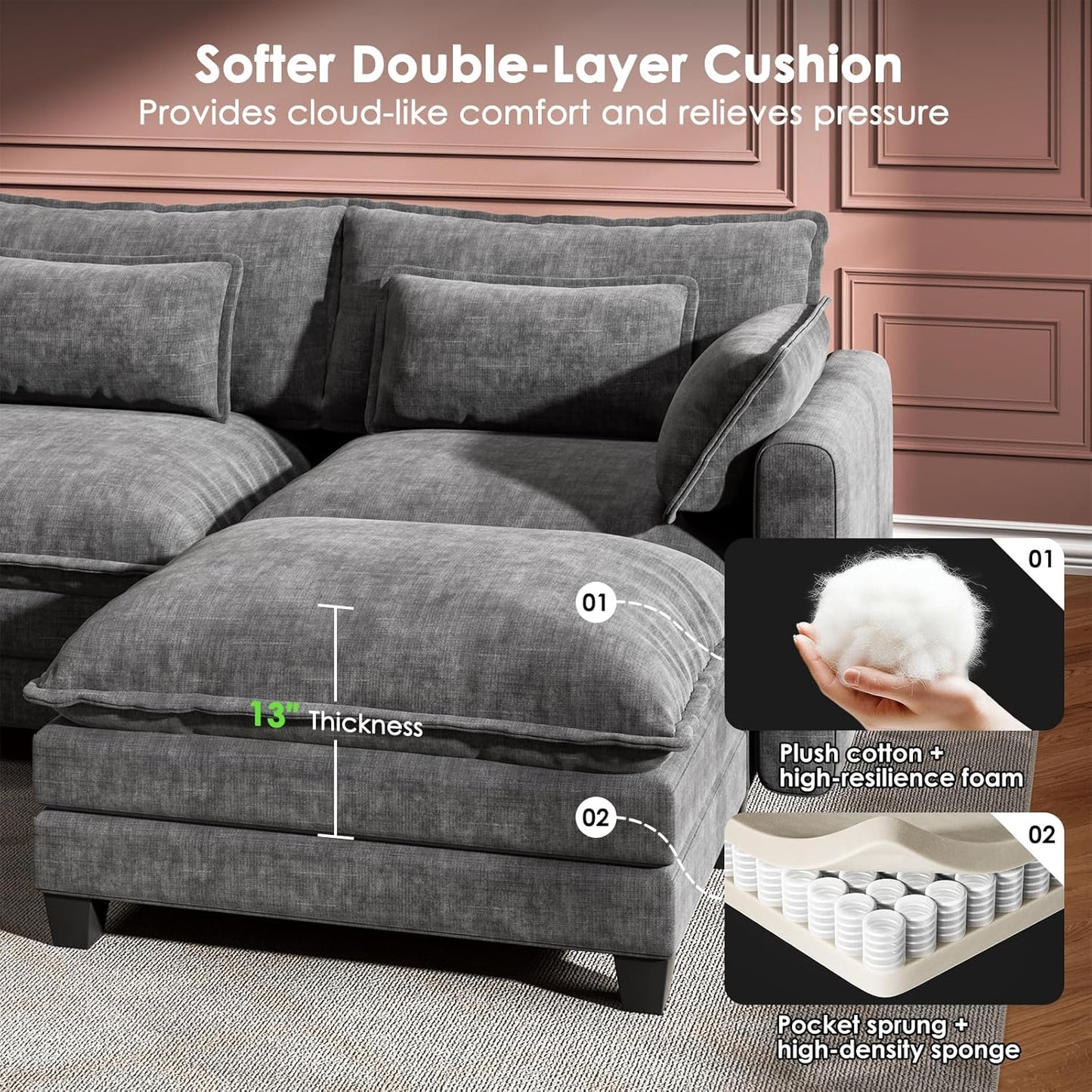 Modular Sectional Sofa 110.6" U-Shaped Modern Comfy Cloud Couch, 5-Seat Chenille Deep Seat Sofa with Throw Pillow & Movable Ottoman for Living Room, Bedroom and Apartment, Grey